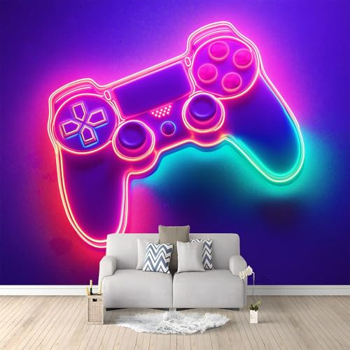 Générique Papier Peint Panoramique style gaming manette motif Papier Peint Intissé, Néon Décoration Tapisserie Poster Mural pour Salon Chambre D'Enfant Murale 350 x 256 CM
