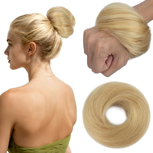 S-noilite Echthaar Dutt - Scrunchies für Glatt Haar für Frauen, Elastisches Haarteil mit Gummiband,Dutt Haarteil Haargummi Mit Haaren 30g #613 Gebleichtes Blond