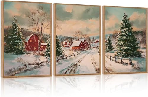 HPNIUB Weihnachten Gerahmtes Leinwand Bild Set Rustikales Winterdorf Landschaft Wanddekoration Farmhouse Verschneite Weihnachtsstadt Stimmungsdruck Gemälde für Wohnzimmer Schlafzimmer Deko