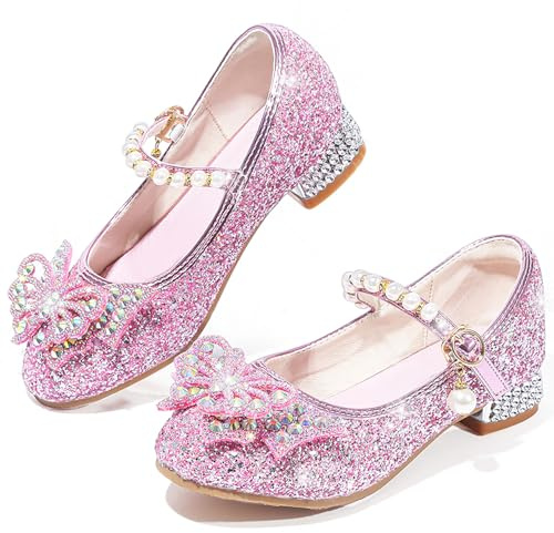 VTASQ Scarpe Principessa Bambina Glitterate Ballerine con Tacco Scarpe Cosplay Principessa con Paillettes Scarpe Eleganti Bambina per Cerimonia Festa Carnevale Halloween Rosa EU27