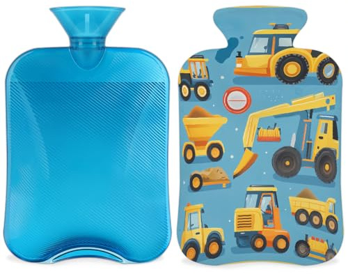 Entemne 2L Hot Water Bottle Cute Cartoon Construction Vehicles Tractors Bulldozers Hot Water Bag with Cover Reusable Therapy Bag for Pain Relief Menstrual Cramps, Muscle Soreness Winter Warmth Gift
