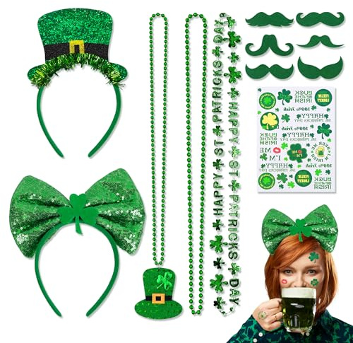 JNYUTEEN 7 Stück St Patricks Day Accessoires, St. Patrick's Day Stirnband Halskette Schnurrbärte Tattoos, St. Patrick's Day Kostüm für irische Party Deko