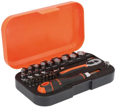 Bahco 34‑teiliger Steckschlüssel‑Set – 1/4‑Zoll‑Antrieb | Chrom‑Vanadium‑Stahl | Profi‑Werkzeugkit mit Drehmomentschlüssel, Steckschlüsseln und Zubehör | Ideal für präzise Arbeiten
