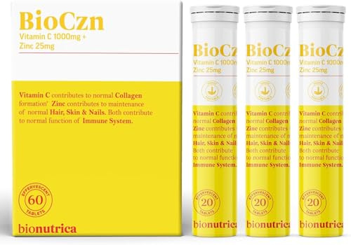 BioCzn Effervescent Vitamin C 1000mg & Zinc 25mg | 60 Tablets | Easy-Dissolve Daily Immune Support | Suitable for Vegans (60)