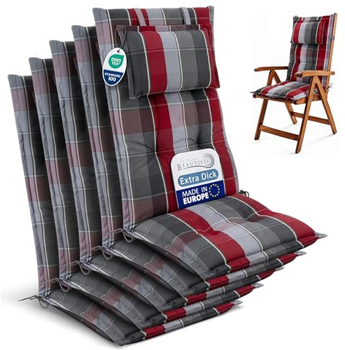 Beautissu 5er Set Gartenstuhlauflagen Hochlehner Sitzpolster robuster Stoff | 120x50cm Grau Rot Hellblau Kariert 7cm Polster Sitzauflagen Gartenmöbel UV-Lichtecht Gartenstuhl Auflagen Garten HighLux HL