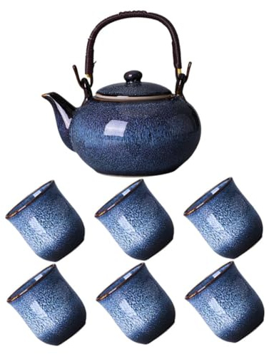 MAGICLULU Service à Thé Chinois Traditionnel en Céramique Bleu 1 Set avec Théière 800ml et 6 Tasses 130ml, Poignée Pratique et Finition Émaillée Unique pour Cérémonie du Thé et Décoration