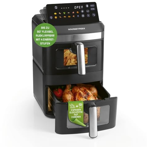GOURMETmaxx FryUp XXL vertikale Doppelkammer Heißluftfritteuse - 12 L | Airfryer mit Sichtfenster, Multi-Colour LED-Touchdisplay & 12 Programmen | Heissluftfritteuse 2 Kammern mit Oberhitze