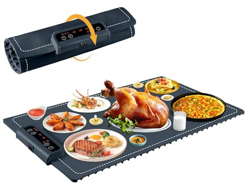 Food Warming Mat-Foldable Electric Warming Mat for Food Sillicon Food Warmer with Adjustable Temperature Control Time Moders Locking Function Warming Tray for Buffet,Party Dark Bllue