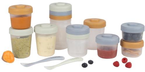 BÉABA, Pack Repas, 12 Portions Conservation + 2 Cuillères Silicone, Galet | 6 x 250ml, 4 x 150ml, 2 x 90ml, Portions empilables et emboîtables, 100% hermétiques, Graduation, Réfrigérateur/Congélateur