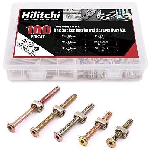 Hilitchi 100-Pcs M6 x 40/50/60/70/80mm Zinc Plated Crib Screws Hex Drive Socket Cap Furniture Barrel Screws Bolt Nuts Assortment Kit for Furniture Cots Beds Crib and Chairs