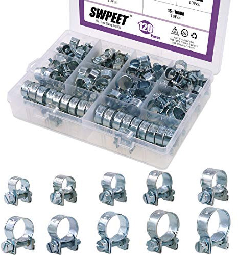 Swpeet 120 Stück 10 Größen verzinkte Mini-Kraftstoffeinspritzleitung Stil Schlauchschellen Sortiment Kit perfekt für Automobil, Landwirtschaft, Pflanze und Bau