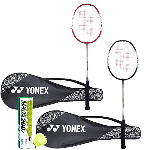 Yonex ZR 100 leichter Badminton-Kombi (2er Set YONEX ZR 100 leichter Badmintonschläger mit Vollabdeckung schwarz/rot + Mavis 200I Federball 6er Pack), Aluminium