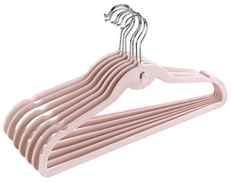 WENKO Samt Kleiderbügel, 7er Set, beflockte Anti-Rutschbeschichtung, dünner Bügel mit drehbarem Haken, platzsparend, mit 41 x 22,5 x 0,4 cm in Rosa