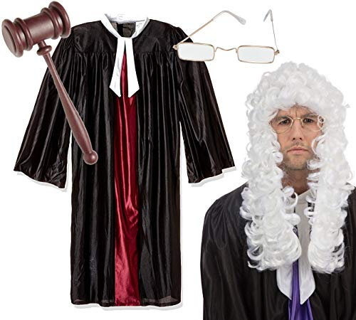Mega_JumbleSale® Adult Hight Court Judge Costume Fancy Dress ~ Lord Baroque Wig + Judge Gown, Robe + Judge Hammer/Gavel + Glasses (Clear Lens) / Book Day, Role Play, Theme Party