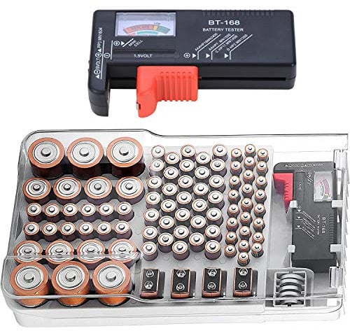 Kyrio Battery Organizer Storage with Removable Battery Tester, Batteries Storage Box with Hinged Clear Cover, Holds 93 Different Size Batteries for AAA, AA, 9V, Flat Batteries, C, D size