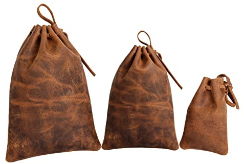 Leather Drawstring Pouch multipurpose Medieval coin waist bag (Vintage Brown, 14.5 cm x 10 cm)
