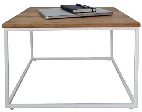 Natural Goods Berlin 1x Couchtisch Cube | Beistelltisch aus Metall & Holz | Sofa Kaffeetisch modern Sessel Laptoptisch Würfel | Industrie Design | Nachttisch Loft (mit Tischplatte Eiche, Weiß)