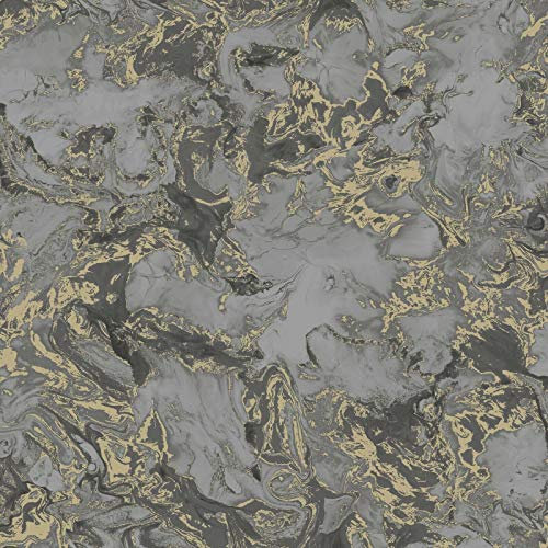 Metallic Ripple Liquid Marble Swirl Charcoal Grey Gold Shimmer Wallpaper