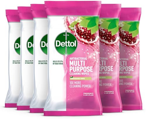 Dettol Wipes, 6 X 105, Total 630, Pomegranate And Lime, Antibacterial, Multi Purpose Cleaner, Sinks, Taps, Toilet Seats, 10X Cleaning Power, Disinfectant, Household Cleaners