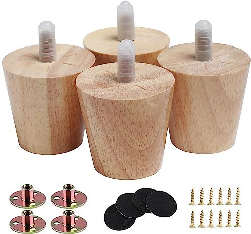 Lot de 4 pieds de meubles ronds en bois massif de 5,1 cm pour canapé, lit, chaise café, bureau, pieds droits avec boulons pré-percés de 5/16, vis et coussinets en caoutchouc