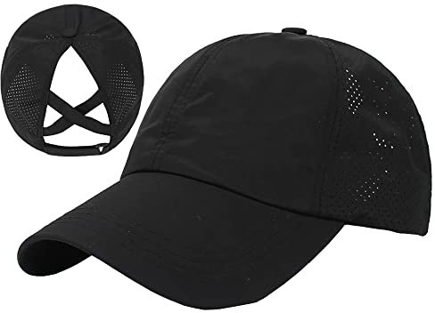 Sommer-Criss-Cross Pferdeschwanz-Baseball-Cap für Damen – verstellbar, schnell trocknend, hoher schmutziger Dutt, Papa-Hut, Schwarz, 7/7 1/4