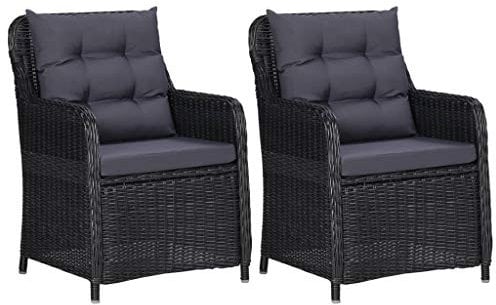 Hommdiy 2X Gartenstuhl mit Polster Poly Rattan Gartensessel Sessel Stuhl Stühle Schwarz + Dunkelgrau (Auflagen)