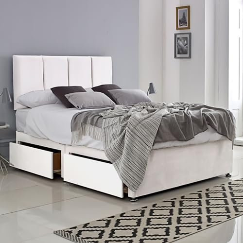 ComfoRest - Grand 5FT King Size Bed with Mattress & 2 Drawers | Elegant Set for Spacious Bedrooms | Sturdy Frame for Comfort | Luxe Divan for Relaxing Sleep (White Plush)