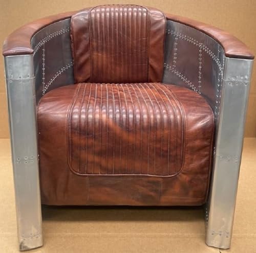 Casa Padrino Luxus Art Deco Leder Sessel Vintage Braun/Silber - Aluminium Wohnzimmer Sessel mit hochwertigem Echtleder - Lounge Sessel - Flugzeug Flieger Echtleder Möbel