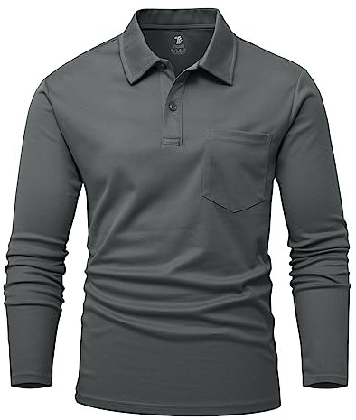 YSENTO Herren Poloshirts Langarm Golfshirts Schnelltrocknend Atmungsaktiv Outdoor Funktionell Tennis Arbeit Casual Polo T-Shirts Tops mit Brillenhalter(Dunkelgrau,L)