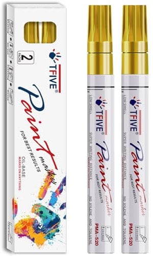 TFIVE Gold Permanent Paint Marker Pens - 2 Count Oil Based Marker Pen, Medium Tip, Waterproof & Quick Dry, for Office, Art projects, Rock Painting, Ceramic, Glass, Wood, Plastic, Metal, Canvas