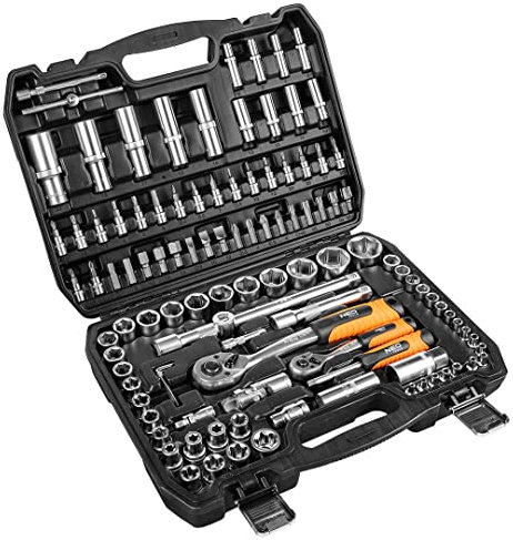 NEO TOOLS Schlüsselsatz 108 teilig 1/2 1/4 Zoll im robusten Koffer | Steckschlüsselsatz aus CrV Stahl | Komplettset für Werkstatt, Garage, Heimwerker