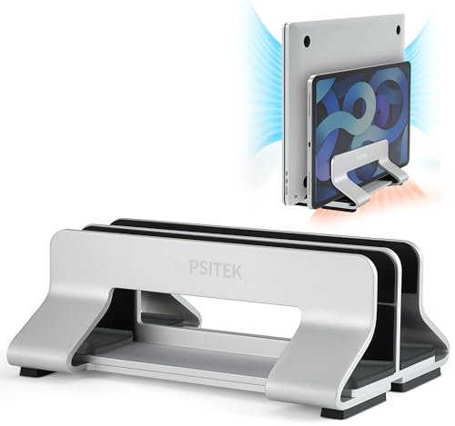 Psitek Aluminum Dual Vertical Laptop Stand Dock Holder,Adjustable 2 Slots Width 10~30mm(0.4~1.2 inch), Fits All MacBook and Laptop, Version 2023