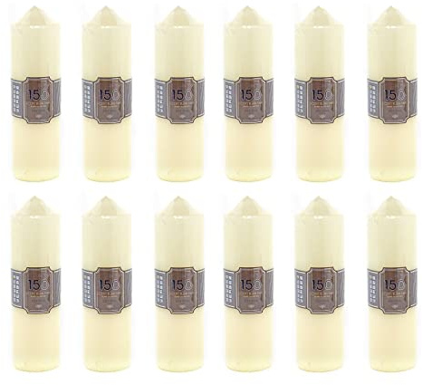 Pack of 12 x 150 Hour Cream Church Pillar Candle | 24cm x 7cm Ivory Block | Unscented Tall Votive Lantern