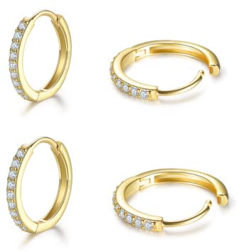2 Paare Gold Creolen Set für Damen, klein Ohrringe Set mit Zirkonia, 925 Silber Vergoldet Kreolen Hypoallergen Klein Schlafen Kreolen für Frauen Herren-10mm*2