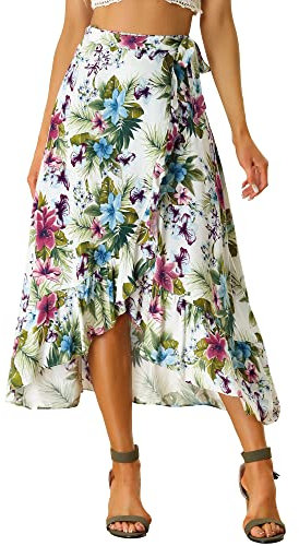 Allegra K Falda a Media Pierna con Volantes y Estampado Floral Bohemio para Mujer Blanco XS