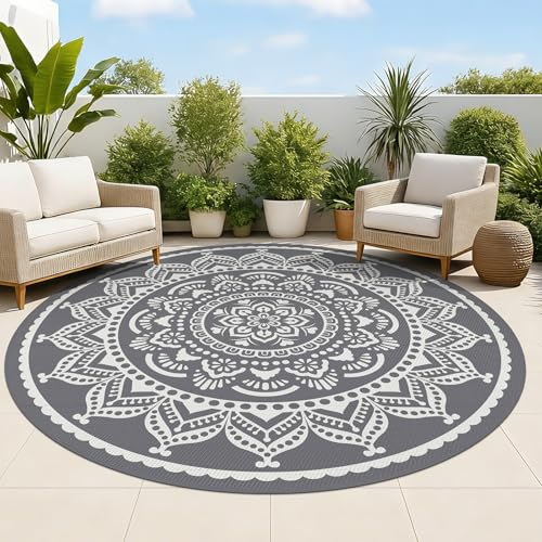 Bsmathom Wasserdichter Outdoor-Teppich, rund, wendbar, Boho-Kunststoff, Stroh, Terrasse, Deck, Camping, für drinnen und draußen, tragbar, Wohnmobil-Matte, Teppich für draußen, Veranda, Balkon