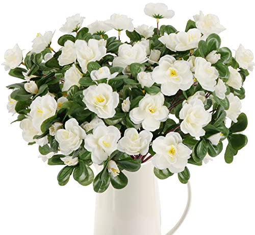 GTIDEA Künstliche Azaleen-Geranien für den Außenbereich, Seiden-Weiß, Wildblumen, Grünpflanzen, Innenbereich, Garten, Veranda, Zuhause, Terrasse, Hochzeit, Eingang, Weiß, 8 Stück