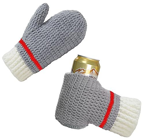 FunisFun Bierhandschuh-Handschuhe, gestrickt, genäht, Getränkehandschuh-Halter für weißen Elefantenknebel, Geschenk, grau - 2 Stück