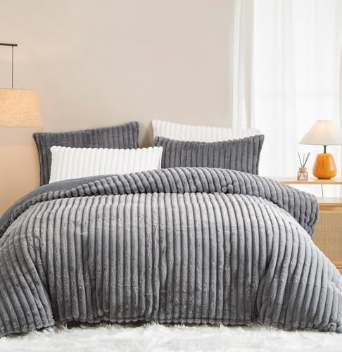 Lanqinglv Plüsch Bettwäsche 200x200 cm Dunkelgrau Flauschig Kunstfell Warme Winterbettwäsche Grau,Teddy Fleece Cashmere Touch Flanell Bettbezug mit Reißverschluss und 2 Kissenbezug 80x80cm