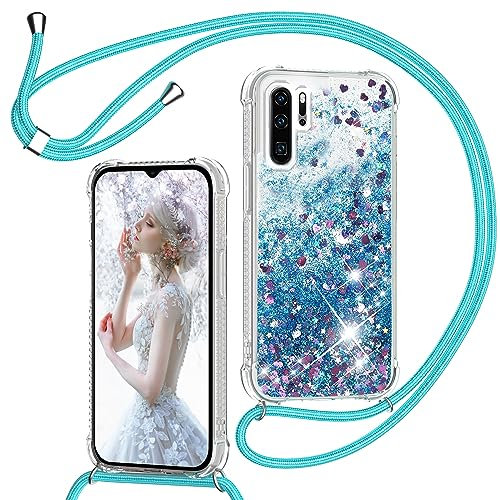 TUUTPU Handyband für Huawei P30 Pro Hülle mit Band, Glitzer Treibsand Handyhülle mit Kordel zum Umhängen Transparent Stoßfest Schutzhülle mit Kette Schnur, Quicksand Necklace Case in Blau