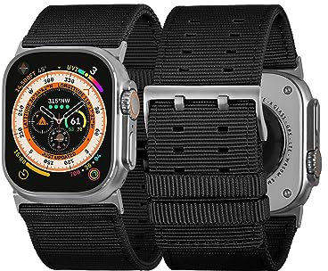 Tefeca Dual Series - Bracelet de rechange compatible avec Apple Watch/Apple Watch Ultra - Taille ultra large 49/45/44/42 mm - Nylon noir avec adaptateurs argentés