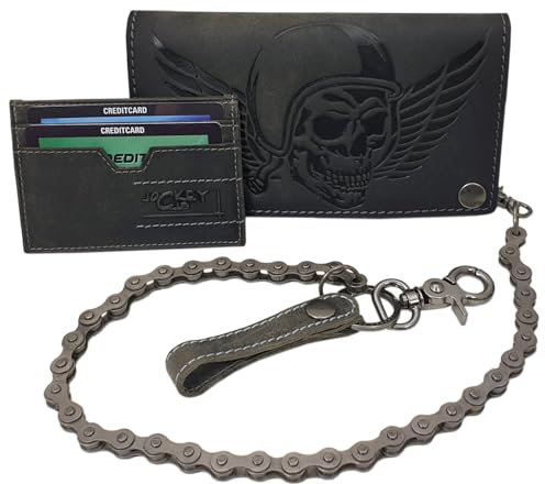 myledershop Echt Büffel-Vollleder Querformat Bikerbörse/Geldbörse/Geldbeutel/Portemonnaie mit Metallkette und Totenkopf-Motiv mit herausnehmbarem Kartenetui mit RFID & NFC Schutz (Vintage-Grau)