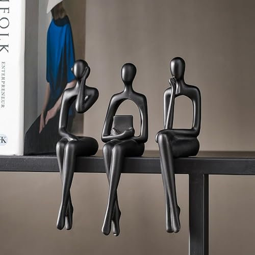 Statue di pensatore nero, decorazioni per la casa per soggiorno, 3 scaffali decorativi, sculture moderne estetiche astratte per tavolino da caffè, TV, armadio, scrivania, libreria, decorazione (nero)