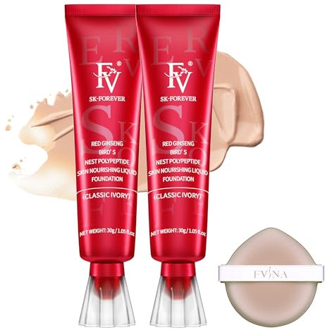 FV 2 PCS Wasserfester und Langanhaltend Foundation, Ölkontrollierende Foundation Makeup mit Mattem Finish und Mittlerer Deckkraft für Fettige/Normale Haut, 30g, Classic Ivory