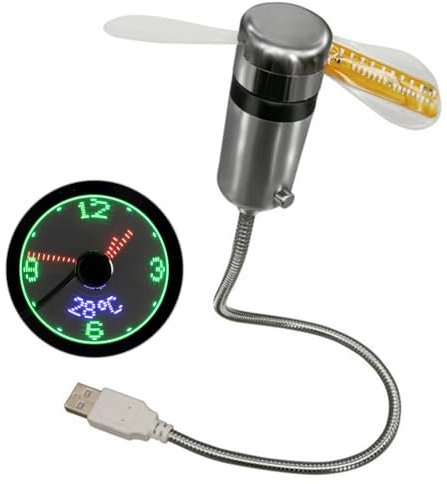 HTU Small Night Light Time Temperature Display LED Clock Fan DC 5V Mini Cooling Flashing Fan USB Powered Flexible Gooseneck LED Clock Real Time Display for Laptop PC Notebook