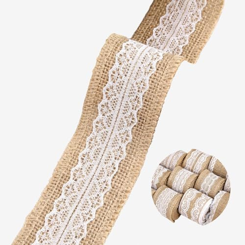 HSTWODE 10M Juteband mit Spitze, 5 cm breit Natürliche jute Bänder und Spitze, Weißer Spitze Natürlich Dekoration Für Geburtstag Hochzeit Party, Weihnachten Dekoration (Stil 6#)