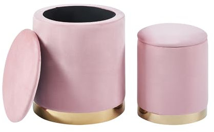 Set Di 2 Pouf Contenitore In Velluto Design Moderno Poggiapiedi,Sgabello Tondo con Coperchio Rimovibile e Seduta Imbottita Alta Densità Con Fascia In Metallo Capiente Storage Box - Rosa Antico