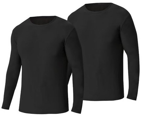Confezione da 2 biancheria intima termica da uomo invernale funzionale, scollo rotondo, maglietta termica a maniche lunghe, calda, biancheria intima termica, Nero , 3XL