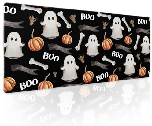 Black White Halloween Gaming Mouse Pad XL Cute Ghost Fall Pumpkin Extended Spooky Large Mat Mousepad Desk Pad Non-Slip Rubber Base Stitched Edge Long Keyboard Pad for Computer,31.5×11.8 Inch