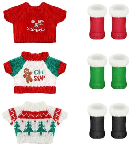 6 Stück Puppenkleidung Zubehör Set mit Puppen Pullover Weihnachten Puppenschuhe, Mini Pullover Mini Stiefel für Puppen, Weihnachtskleidung Puppe, Weihnachtselfen Zubehör für 1/12 Puppenhaus